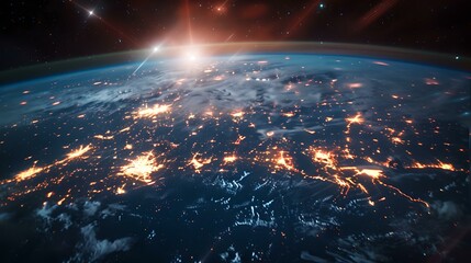 Wall Mural - Global network lights up the earth's surface as seen from space at sunrise