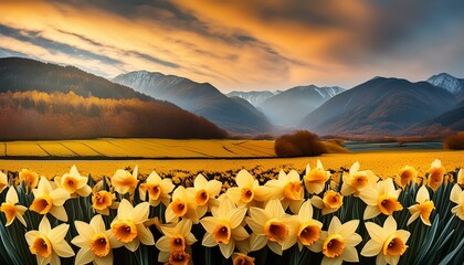 Wall Mural - Flowers  photorealistic, detailed, colorful, high-contrast, daffodil flowers montagne, nature, fleur, paysage, fleur, prairie,