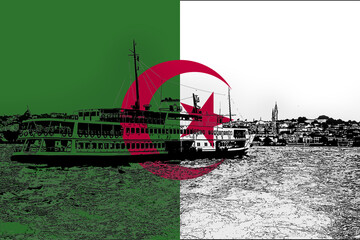 Algeria flag with Istanbul city, Turkish culture and language, holiday destination, Bahrain flag