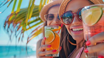 Wall Mural - A cocktail in the hands of a girl on the beach. Selective focus.