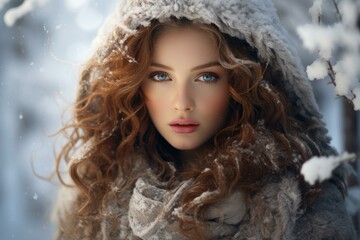 Poster - Mesmerizing young lady with curly hair and blue eyes in a snowy winter setting