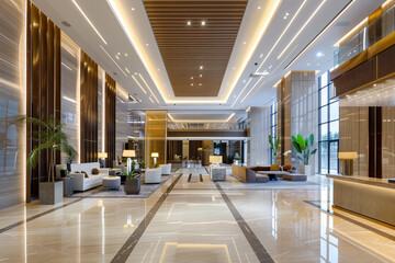 Office building interior showcasing the reception area. Photo of the entrance of a modern luxurious hotel in beautiful light
