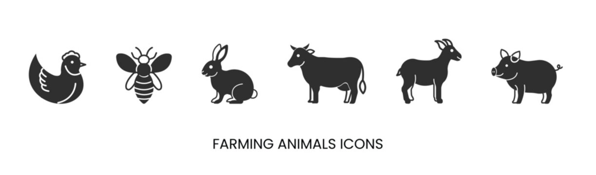 vector chicken, bee, rabbit, cow, goat, pig, meat icons solid, farm animals. trendy colors. isolated