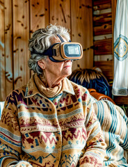 Wall Mural - Elderly woman wearing pair of virtual glasses on her head while sitting on couch.