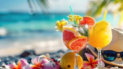 Wall Mural - Beautiful exotic cocktails on the beach. Selective focus.