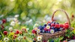 Basket with different berries in a garden with daisies. Selective focus.
