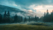 Misty morning in a serene mountainous landscape with lush pines