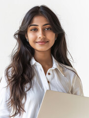 Wall Mural - Young corporate female employee holding laptop in hand
