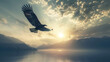 Majestic eagle soaring over serene lake at sunrise