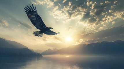 Wall Mural - Majestic eagle soaring over serene lake at sunrise