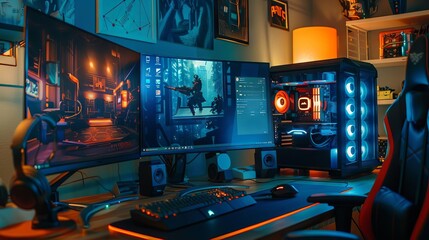 A tech enthusiast s dream with a custombuilt PC case on display, LED lights, and an ultrawide monitor