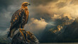 Majestic eagle perched on a rocky peak at sunset