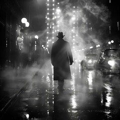 Poster - AI generated illustration of a man standing in the dark fog on a street