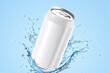 White soda can mockup photo splash of water product photo blue backdrop floating in the air