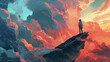 Person stands on cliff overlooking vibrant sunset clouds