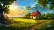 Idyllic countryside home with stunning sunset and lush landscape