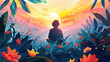 Vibrant sunset silhouette in a mystical floral garden