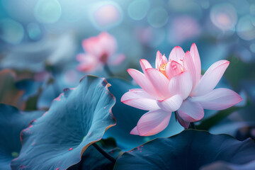 Canvas Print - Stunning pink lotus flower blooming in serene pond