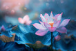 Ethereal pink lotus flower glowing amidst serene blue leaves