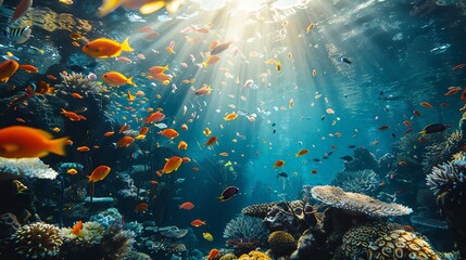 Canvas Print - Underwater world full of life. Colorful fishes swim near a coral reef in the ocean. The sun rays shine through the water, illuminating the scene.