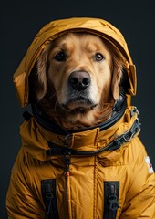 Canvas Print - a dog wearing a yellow coat sitting down with its nose tilted