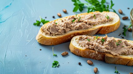 Sandwiches with pate and spices on a blue background.