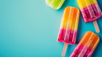 Colorful popsicles against a turquoise background, great for summer ads, food blogs, and promotional events