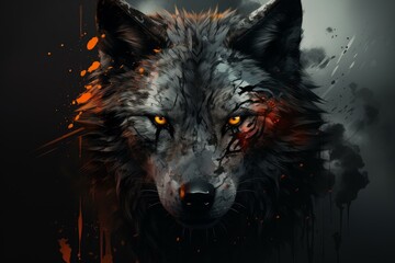 Digital artwork of a fierce wolf with a captivating gaze amidst dynamic orange and black paint splatters