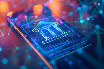 Smartphone screen displaying a bank icon application represents the use of services and online financial transactions, online banking or digital banking