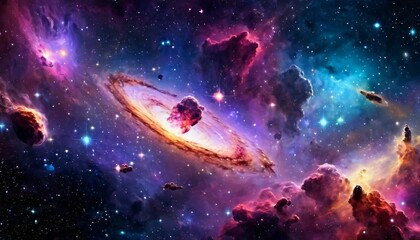 Wall Mural - Abstract cosmic voyage background with spacecraft exploring distant galaxies and nebulae.