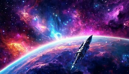 Wall Mural - Abstract cosmic voyage background with spacecraft exploring distant galaxies and nebulae.