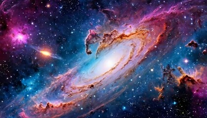 Wall Mural - Abstract cosmic voyage background with spacecraft exploring distant galaxies and nebulae.