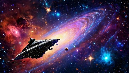 Wall Mural - Abstract cosmic voyage background with spacecraft exploring distant galaxies and nebulae.