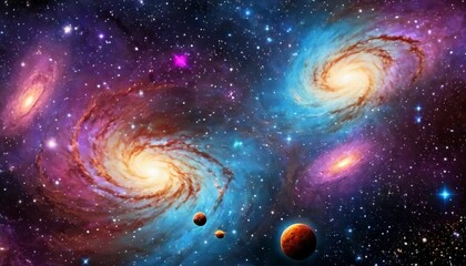 Wall Mural - Abstract cosmic voyage background with spacecraft exploring distant galaxies and nebulae.