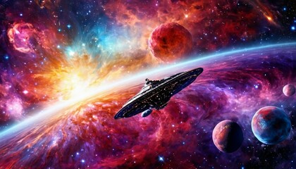 Wall Mural - Abstract cosmic voyage background with spacecraft exploring distant galaxies and nebulae.