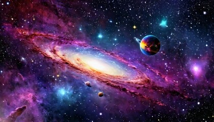Wall Mural - Abstract cosmic voyage background with spacecraft exploring distant galaxies and nebulae.