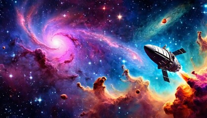 Wall Mural - Abstract cosmic voyage background with spacecraft exploring distant galaxies and nebulae.