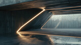 Fototapeta  - Entrance to minimalist concrete garage with led light, futuristic building exterior, construction in future. Concept of warehouse, technology, background, parking, house
