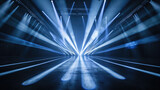 Fototapeta  - Dark stage background, abstract concert space with pattern of spotlight, blue light lines. Concept of show, studio, podium, beam, party, showroom.