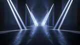 Fototapeta  - Futuristic dark stage background, abstract room with pattern of spotlight, blue light lines. Concept of show, studio, display, beam, party, showroom.