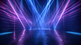 Fototapeta  - Futuristic dark stage background, abstract podium with pattern of neon light lines. Concept of show, studio, beam, party, concert, spotlight.