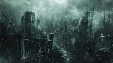 Wall Mural - Hurricane and storm in city at night, dramatic aerial view of modern buildings in rain. Concept of cityscape, typhoon, thunderstorm, skyscraper,, background