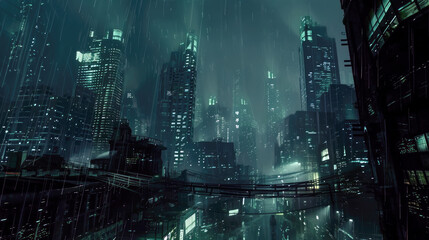 Wall Mural - Storm in cyberpunk city at night, dramatic aerial view of modern buildings in rain. Concept of dystopia, future, skyscraper, background.