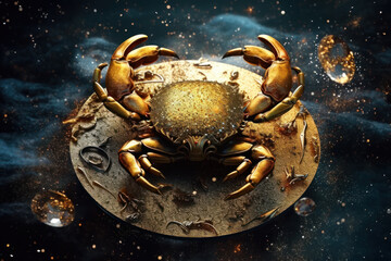 Wall Mural - Zodiac sign of Cancer on stars background, luxury golden crab in space at night. Concept of sky, astrology, future, horoscope