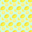 Watercolor seamless pattern with yellow lemon fruits with blue background. Illustration with whole and slice lemons. Illustration for textile, fabric, wrapping paper, food illustrations