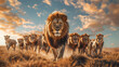 A group of lions running in  the field chasing the forest. ai generative