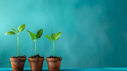 3 small plants growing in pots on blue background, green plant, concept for business growth and financial success of company or estate real standartized composition .
