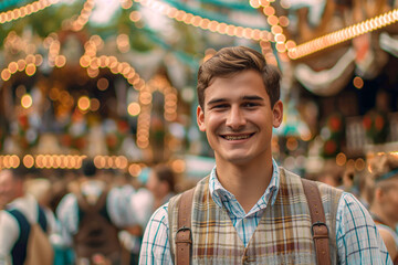 Young Caucasian man in traditional attire smiling at Octoberfest, enjoying the festive atmosphere with a vibrant crowd in the background