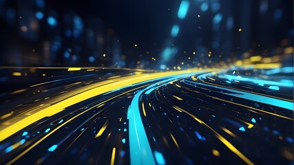 Wall Mural - High-speed, abstract, futuristic background with bokeh luminous neon movement and straight blue-yellow lines. futuristic, high-speed transport idea. Wonderful background, AI-generated
