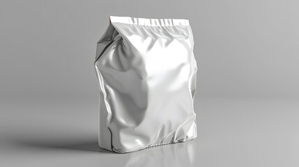 3d render of blank white foil bag packaging for chips or snacks, mockup isolated on gray background.
